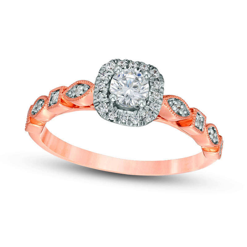 Image of ID 1 038 CT TW Natural Diamond Cushion Frame Alternating Antique Vintage-Style Engagement Ring in Solid 14K Rose Gold