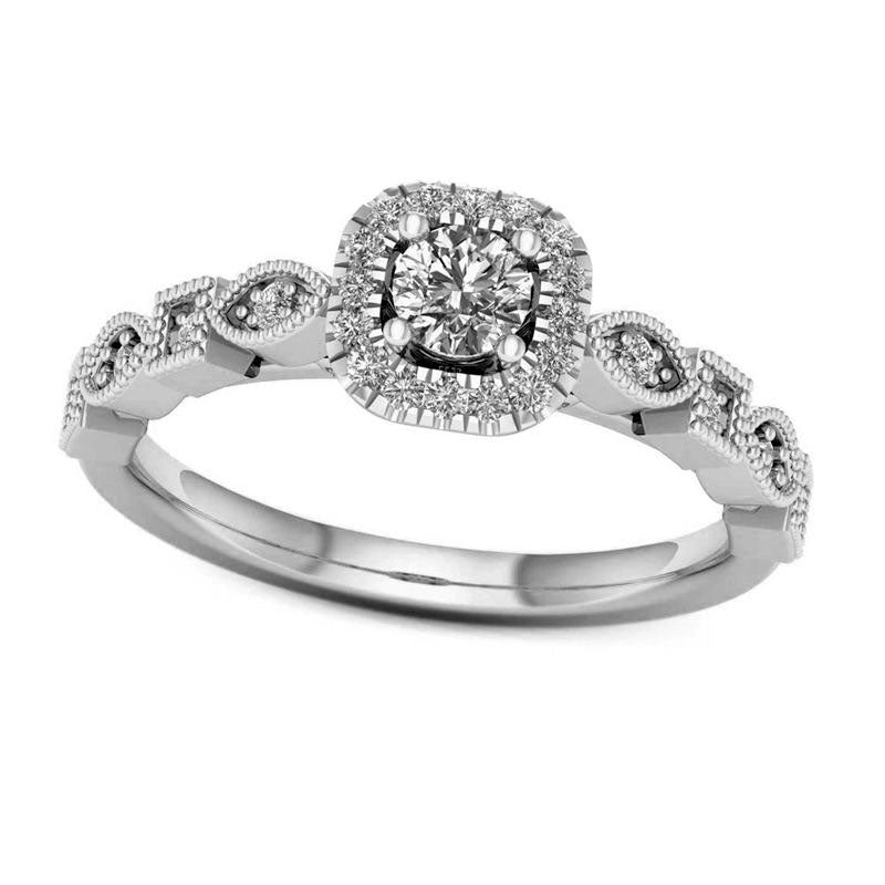 Image of ID 1 038 CT TW Natural Diamond Cushion Frame Alternating Antique Vintage-Style Engagement Ring in Solid 14K White Gold