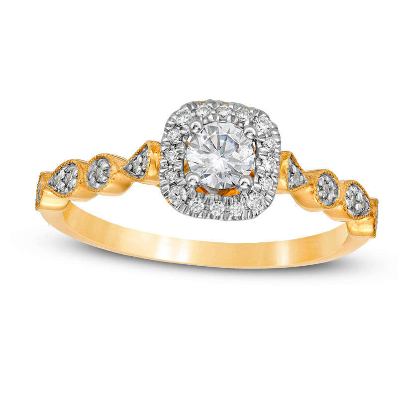 Image of ID 1 038 CT TW Natural Diamond Cushion Frame Alternating Shank Antique Vintage-Style Engagement Ring in Solid 14K Gold