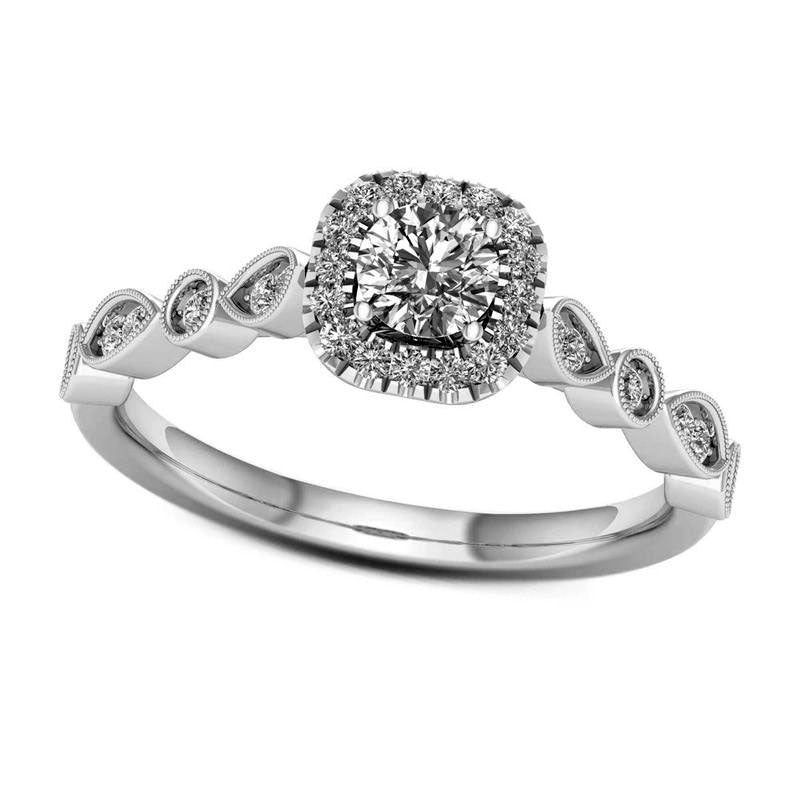 Image of ID 1 038 CT TW Natural Diamond Cushion Frame Alternating Shaped Shank Antique Vintage-Style Engagement Ring in Solid 14K White Gold