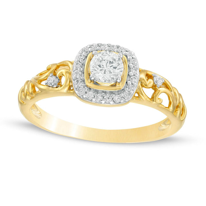 Image of ID 1 038 CT TW Natural Diamond Cushion Frame Filigree Shank Engagement Ring in Solid 10K Yellow Gold