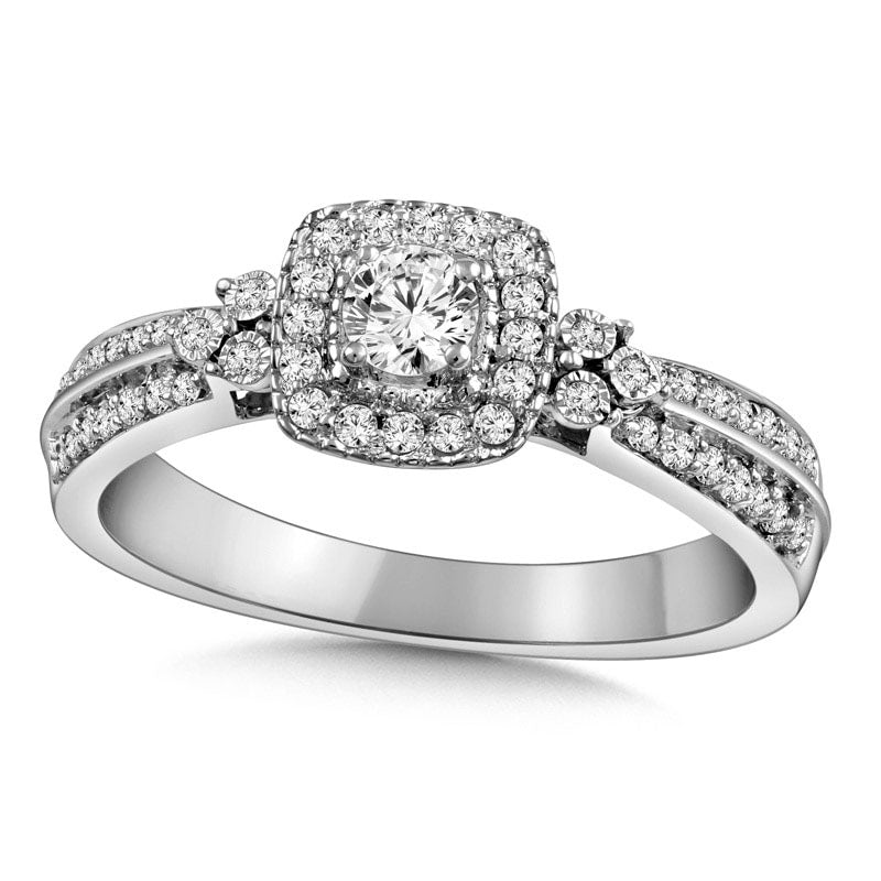 Image of ID 1 038 CT TW Natural Diamond Cushion Frame Tri-Sides Engagement Ring in Solid 10K White Gold