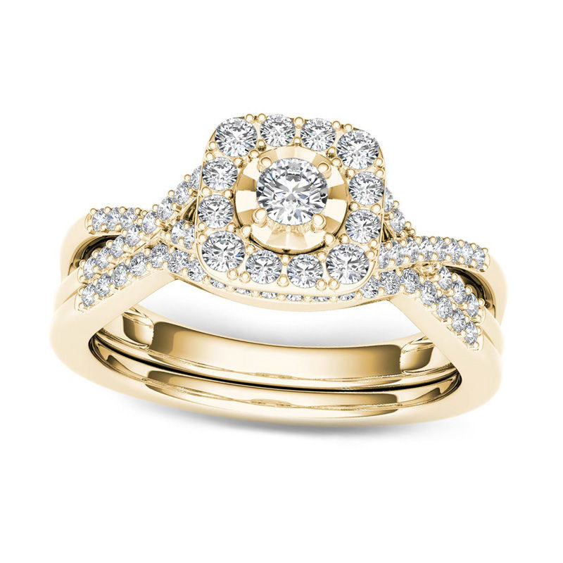 Image of ID 1 038 CT TW Natural Diamond Cushion Frame Twist Bridal Engagement Ring Set in Solid 14K Gold