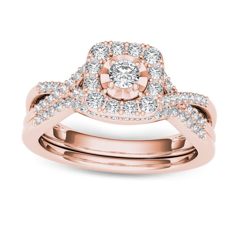 Image of ID 1 038 CT TW Natural Diamond Cushion Frame Twist Bridal Engagement Ring Set in Solid 14K Rose Gold