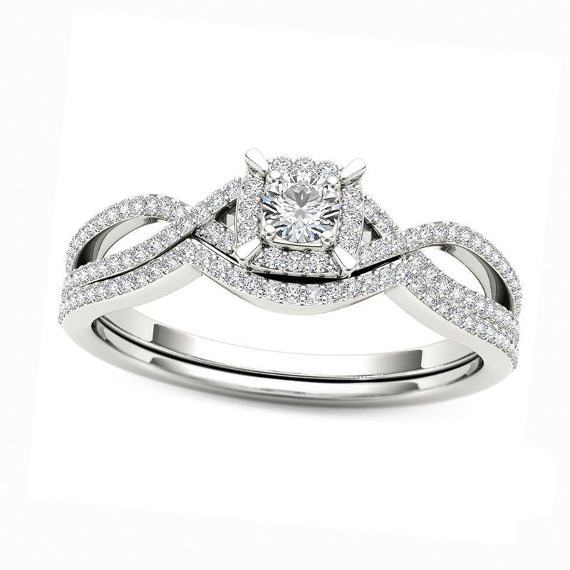 Image of ID 1 038 CT TW Natural Diamond Cushion Frame Twist Bridal Engagement Ring Set in Solid 14K White Gold
