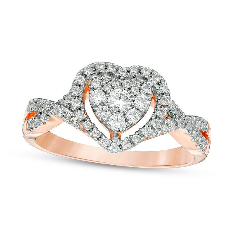 Image of ID 1 038 CT TW Natural Diamond Double Heart Frame Twist Engagement Ring in Solid 10K Rose Gold