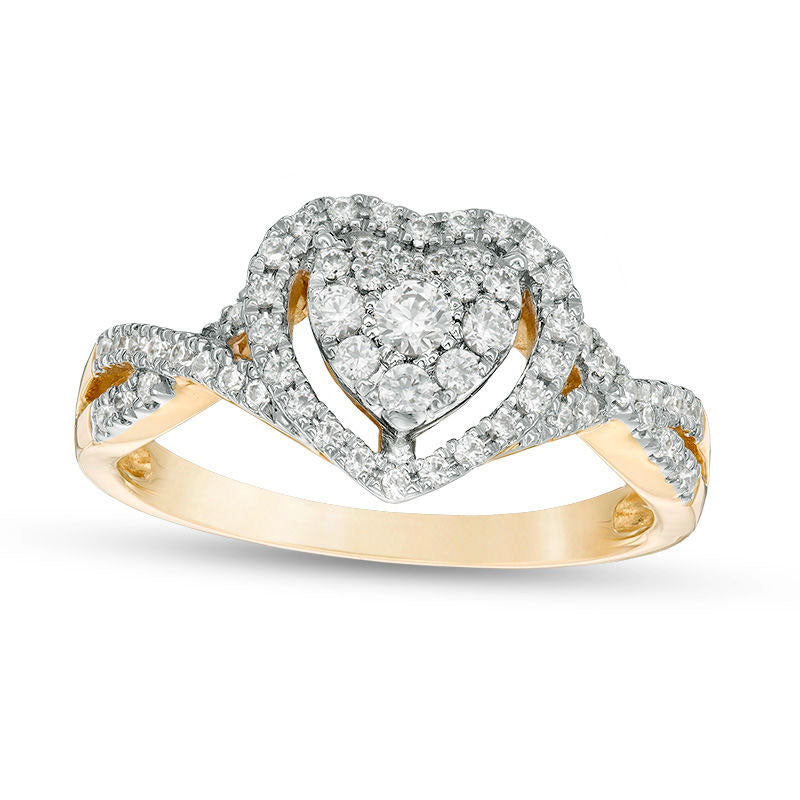 Image of ID 1 038 CT TW Natural Diamond Double Heart Frame Twist Engagement Ring in Solid 10K Yellow Gold