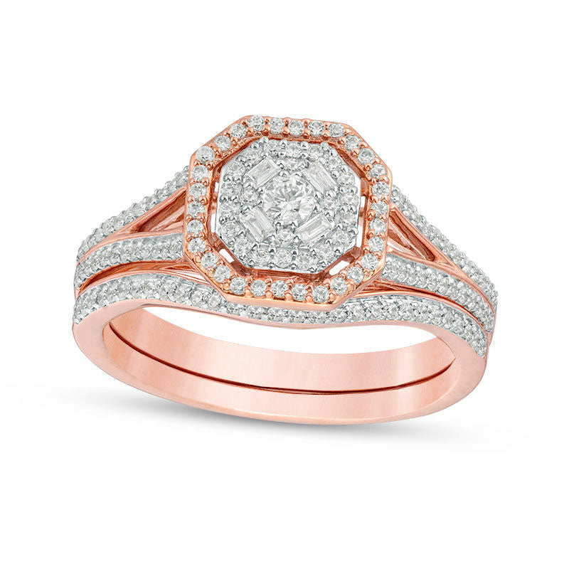 Image of ID 1 038 CT TW Natural Diamond Double Octagonal Frame Bridal Engagement Ring Set in Solid 10K Rose Gold