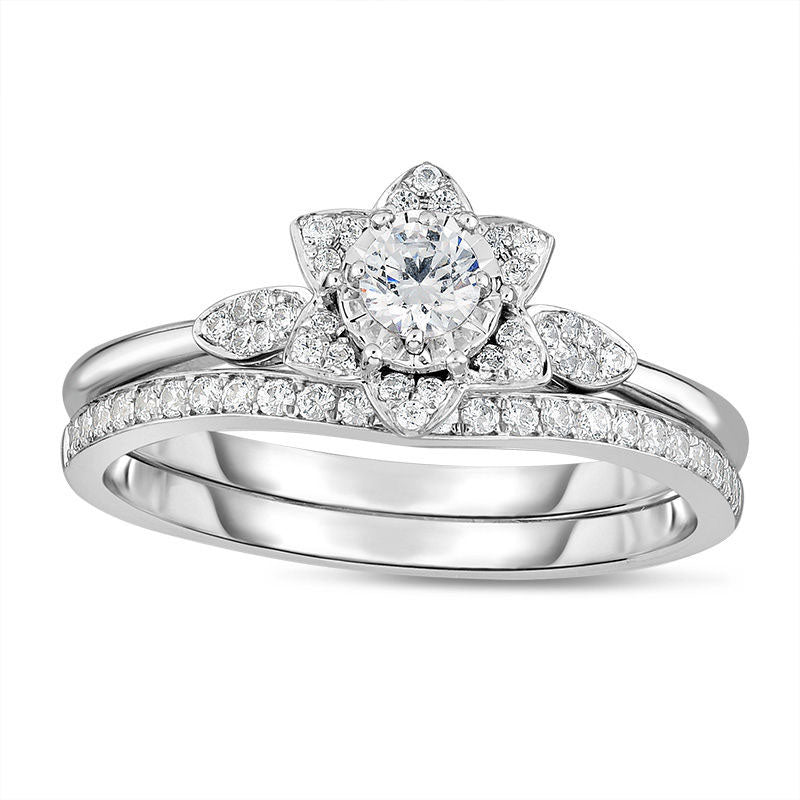 Image of ID 1 038 CT TW Natural Diamond Flower Frame Bridal Engagement Ring Set in Solid 14K White Gold