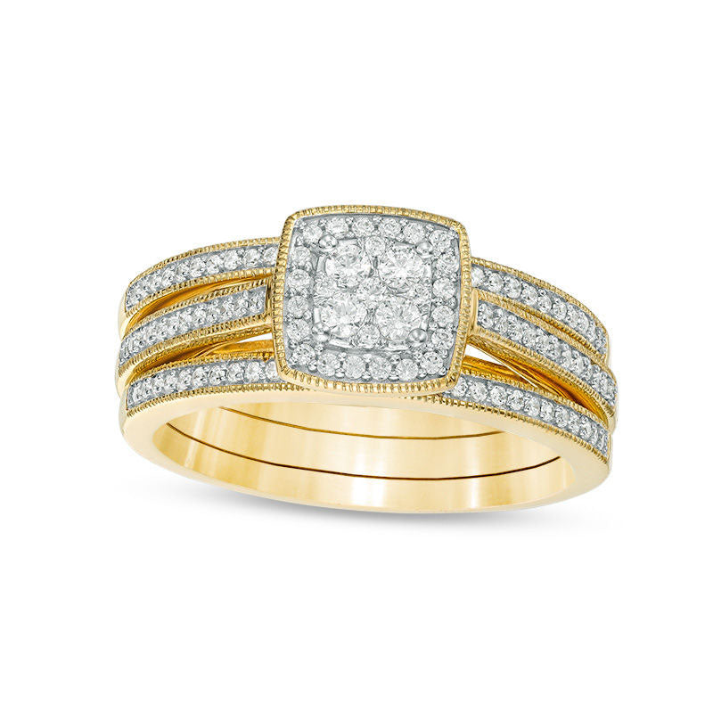 Image of ID 1 038 CT TW Natural Diamond Frame Antique Vintage-Style Three Piece Bridal Engagement Ring Set in Solid 10K Yellow Gold