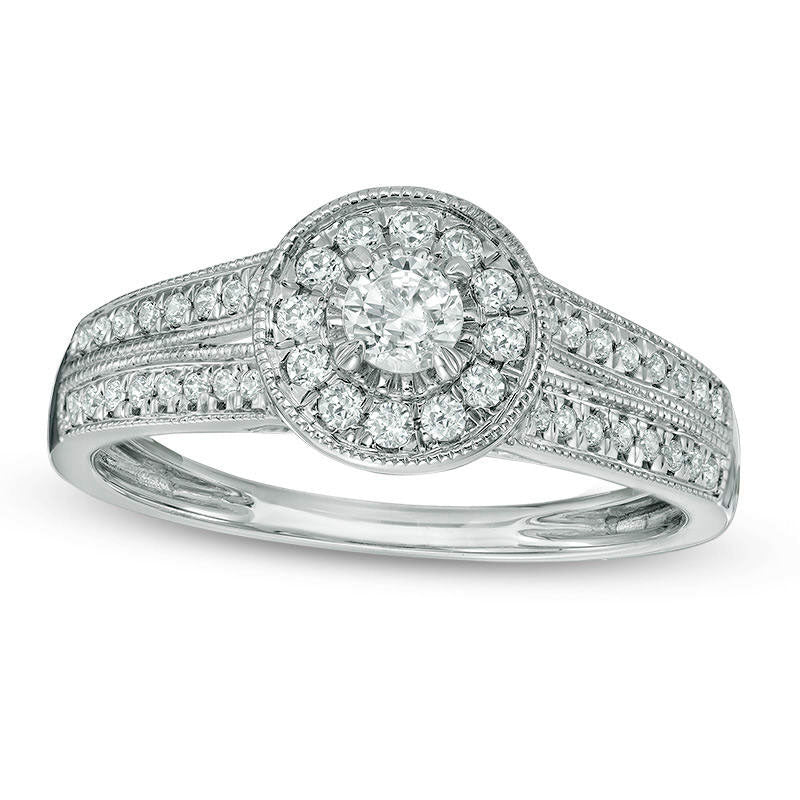 Image of ID 1 038 CT TW Natural Diamond Frame Double Row Antique Vintage-Style Engagement Ring in Solid 10K White Gold