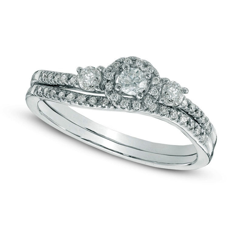 Image of ID 1 038 CT TW Natural Diamond Frame Three Stone Bridal Engagement Ring Set in Solid 10K White Gold