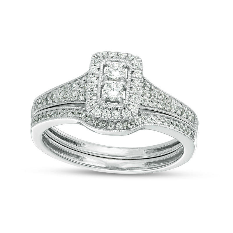 Image of ID 1 038 CT TW Natural Diamond Rectangle Frame Antique Vintage-Style Bridal Engagement Ring Set in Solid 14K White Gold