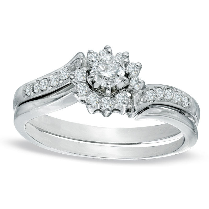 Image of ID 1 038 CT TW Natural Diamond Sunburst Bridal Engagement Ring Set in Solid 10K White Gold