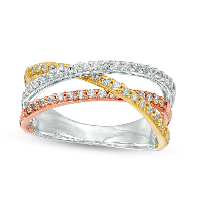 Image of ID 1 038 CT TW Natural Diamond Triple Row Criss-Cross Ring in Solid 10K Tri-Tone Gold