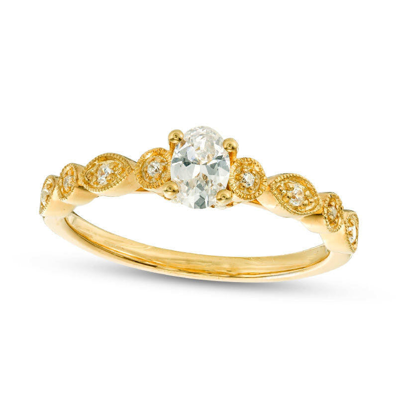 Image of ID 1 038 CT TW Oval Natural Diamond Antique Vintage-Style Engagement Ring in Solid 14K Gold