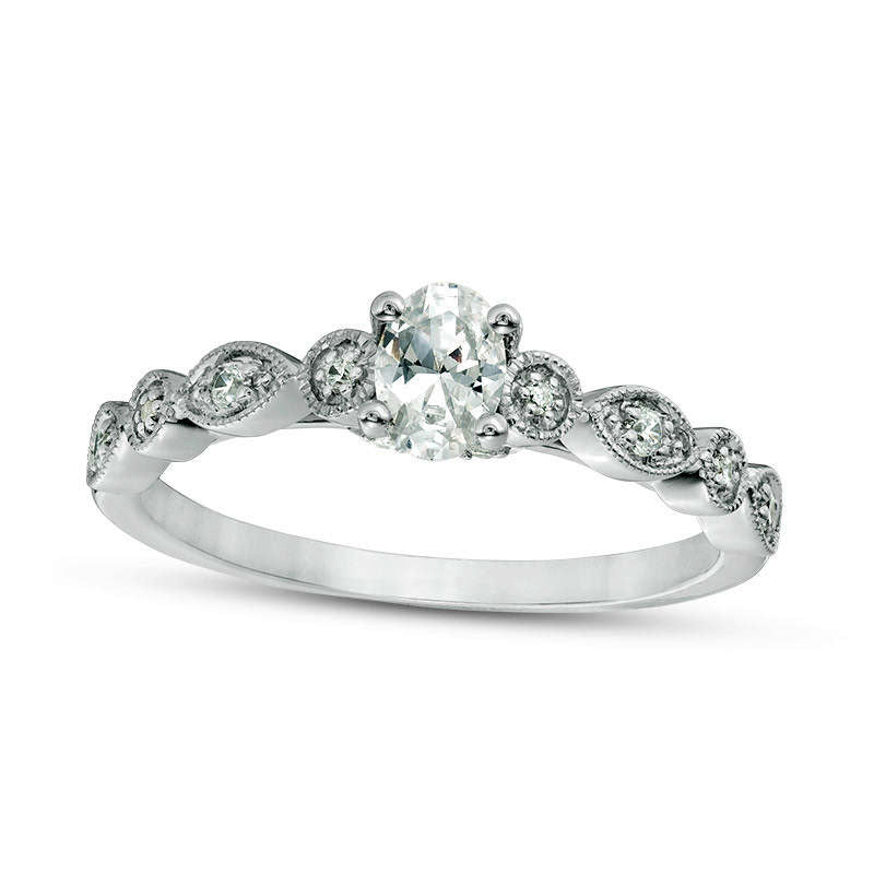 Image of ID 1 038 CT TW Oval Natural Diamond Antique Vintage-Style Engagement Ring in Solid 14K White Gold