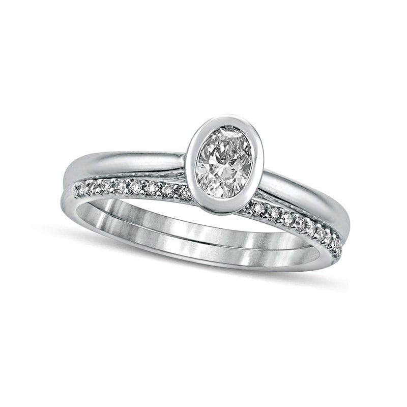 Image of ID 1 038 CT TW Oval Natural Diamond Bridal Engagement Ring Set in Solid 10K White Gold