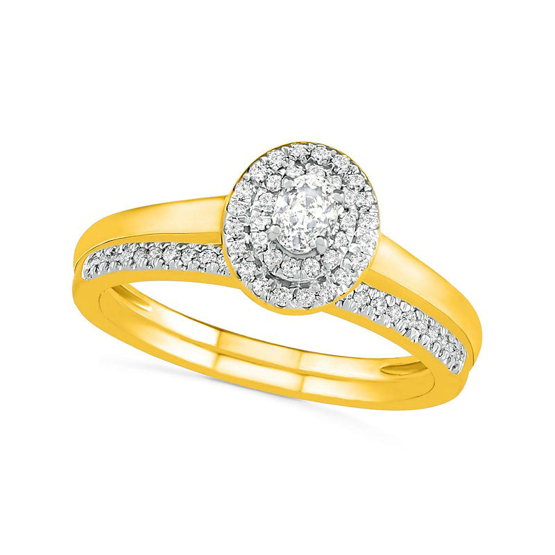 Image of ID 1 038 CT TW Oval Natural Diamond Double Frame Bridal Engagement Ring Set in Solid 10K Yellow Gold
