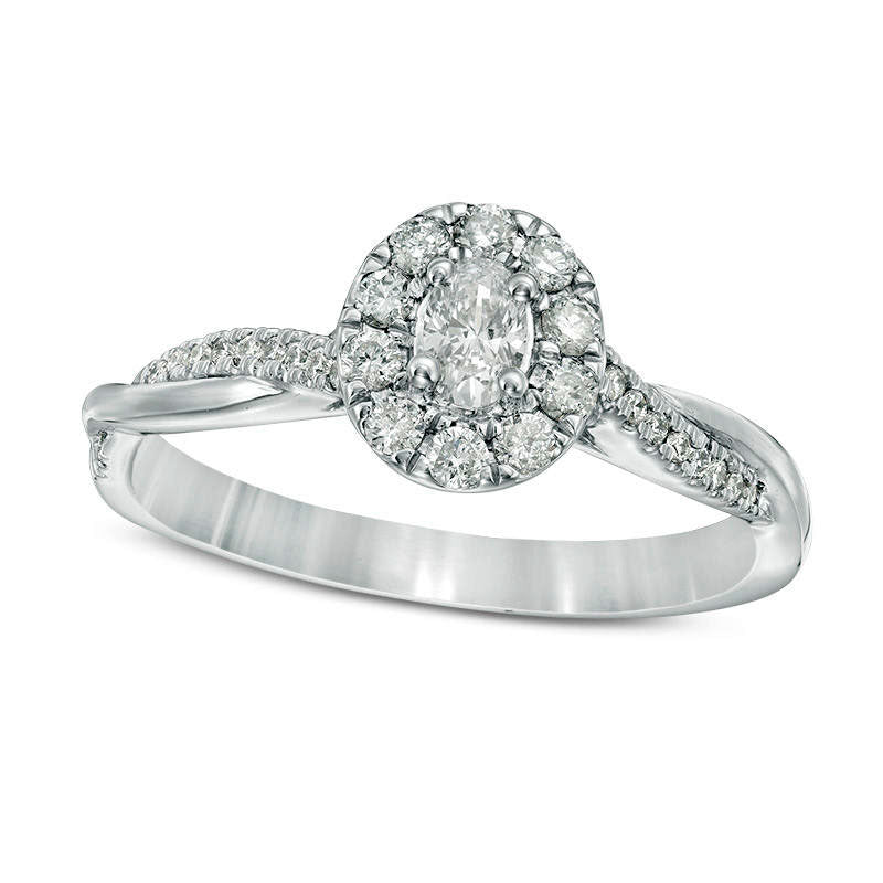 Image of ID 1 038 CT TW Oval Natural Diamond Frame Twist Engagement Ring in Solid 10K White Gold