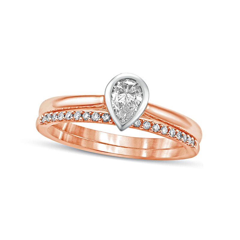 Image of ID 1 038 CT TW Pear-Shaped Natural Diamond Bridal Engagement Ring Set in Solid 10K Rose Gold