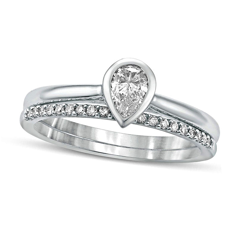 Image of ID 1 038 CT TW Pear-Shaped Natural Diamond Bridal Engagement Ring Set in Solid 10K White Gold