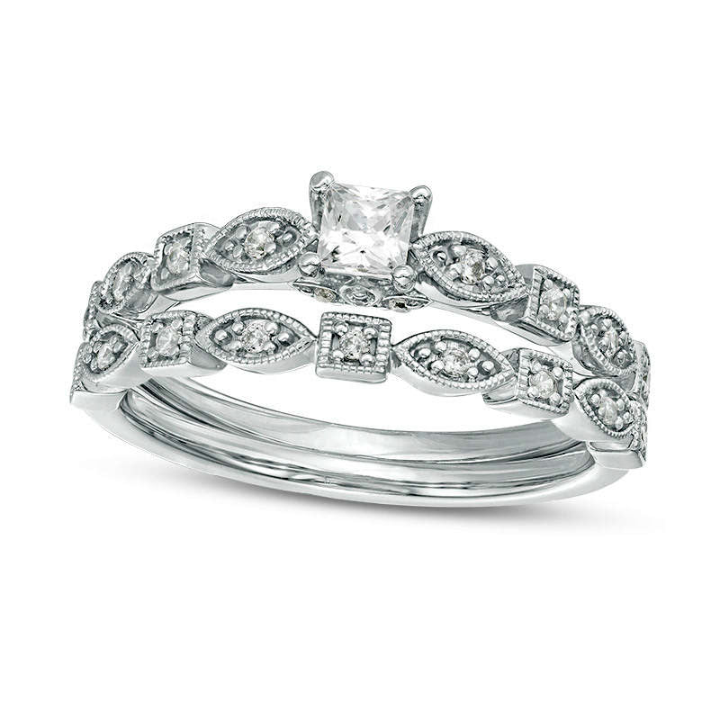 Image of ID 1 038 CT TW Princess-Cut Natural Diamond Alternating Shaped Shank Antique Vintage-Style Bridal Engagement Ring Set in Solid 14K White Gold