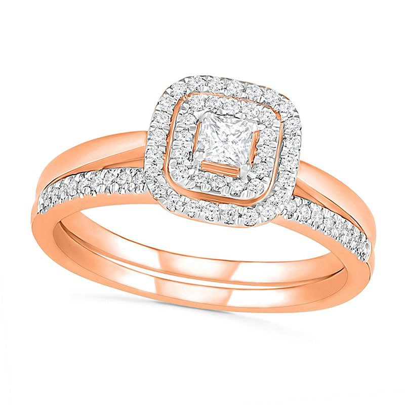Image of ID 1 038 CT TW Princess-Cut Natural Diamond Double Cushion Frame Bridal Engagement Ring Set in Solid 10K Rose Gold