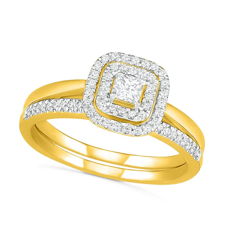 Image of ID 1 038 CT TW Princess-Cut Natural Diamond Double Cushion Frame Bridal Engagement Ring Set in Solid 10K Yellow Gold