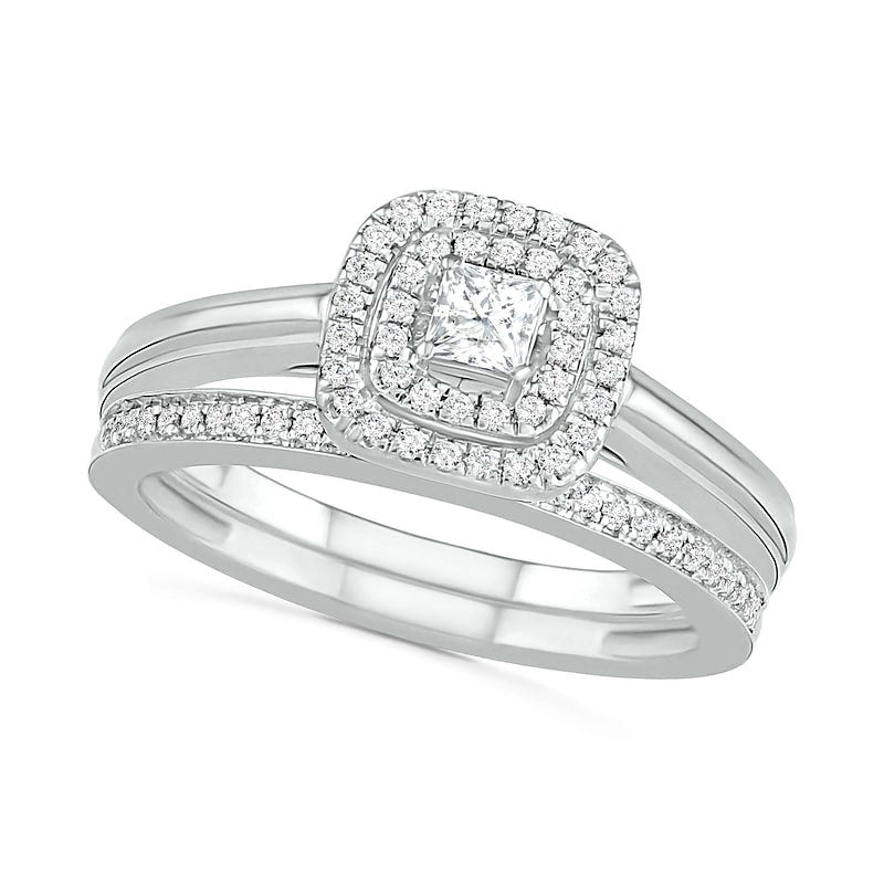 Image of ID 1 038 CT TW Princess-Cut Natural Diamond Double Frame Bridal Engagement Ring Set in Solid 10K White Gold