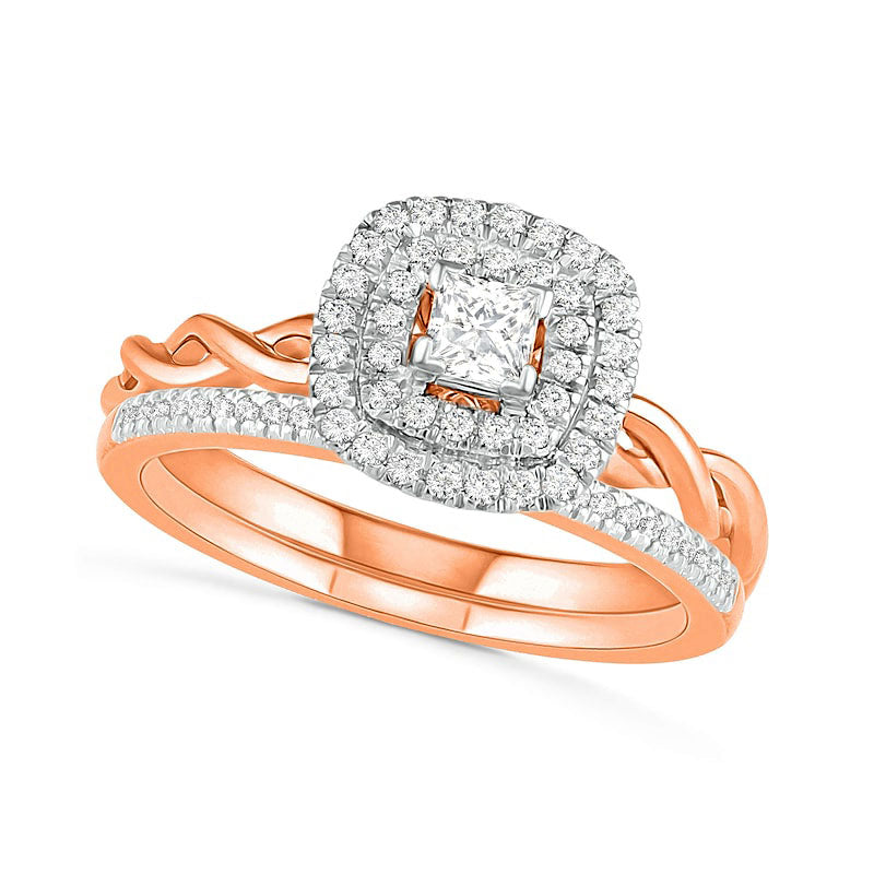 Image of ID 1 038 CT TW Princess-Cut Natural Diamond Double Frame Twist Shank Bridal Engagement Ring Set in Solid 10K Rose Gold