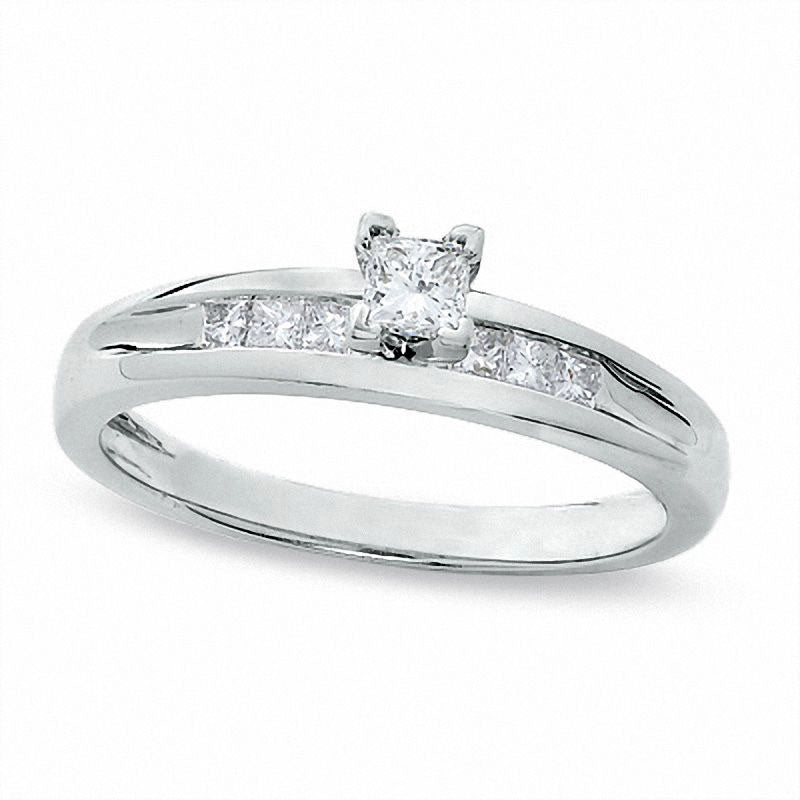 Image of ID 1 038 CT TW Princess-Cut Natural Diamond Engagement Ring in Solid 14K White Gold