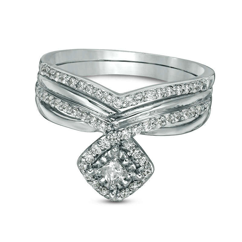 Image of ID 1 038 CT TW Princess-Cut Natural Diamond Frame Twist Shank Bridal Engagement Ring Set in Sterling Silver