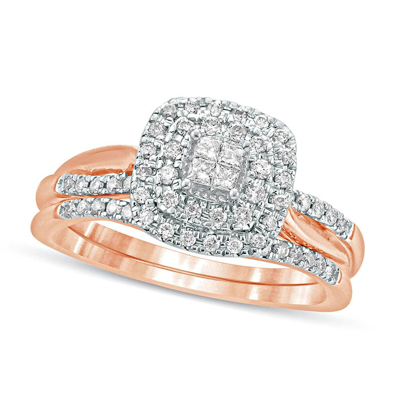 Image of ID 1 038 CT TW Quad Princess-Cut Natural Diamond Double Cushion Frame Twist Shank Bridal Engagement Ring Set in Solid 10K Rose Gold
