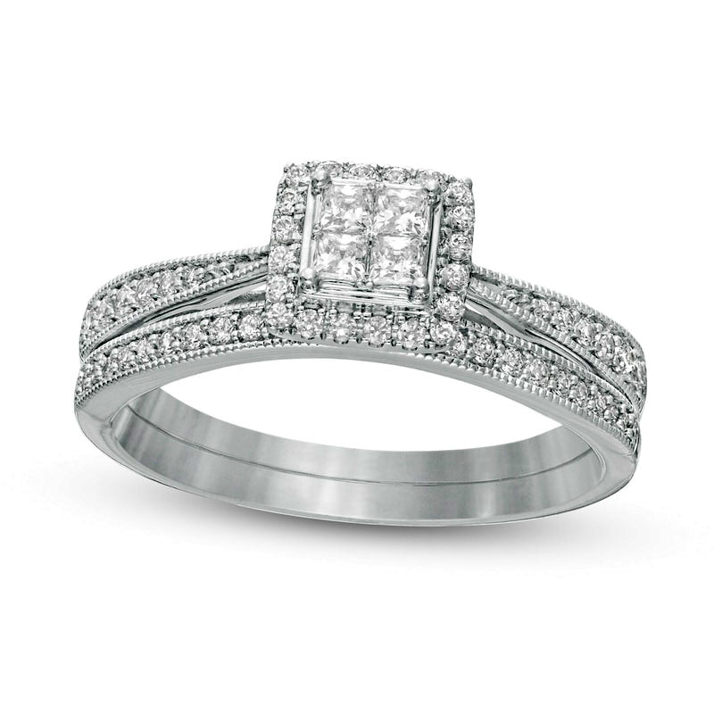 Image of ID 1 038 CT TW Quad Princess-Cut Natural Diamond Frame Antique Vintage-Style Bridal Engagement Ring Set in Solid 10K White Gold