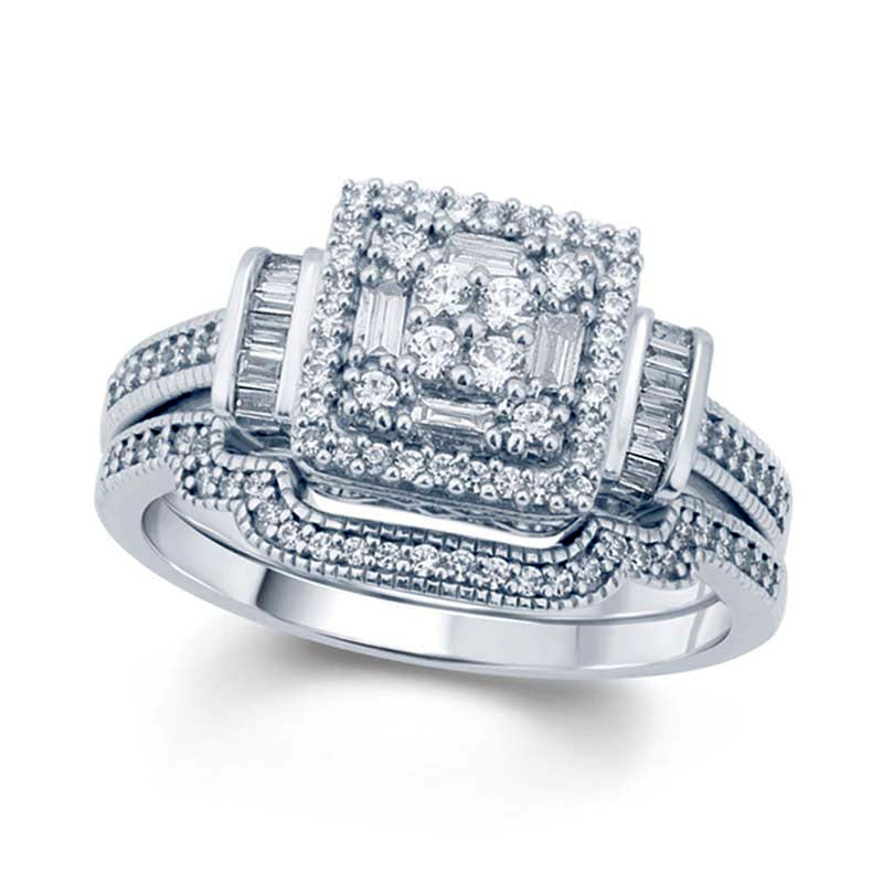 Image of ID 1 050 CT TW Baguette and Round Composite Natural Diamond Square Frame Bridal Engagement Ring Set in Solid 10K White Gold