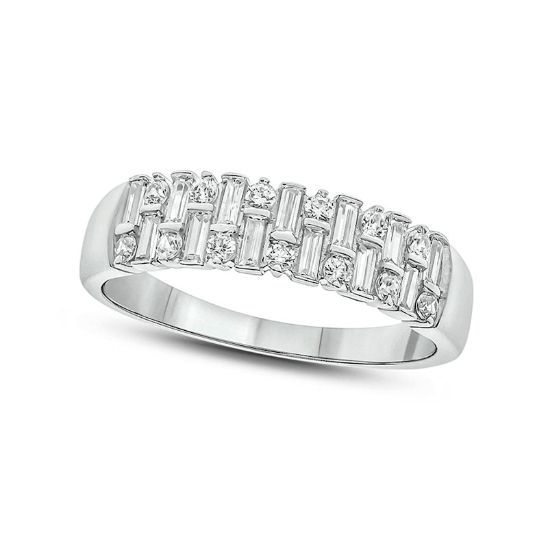 Image of ID 1 050 CT TW Baguette and Round Natural Diamond Alternating Rows Anniversary Ring in Solid 10K White Gold
