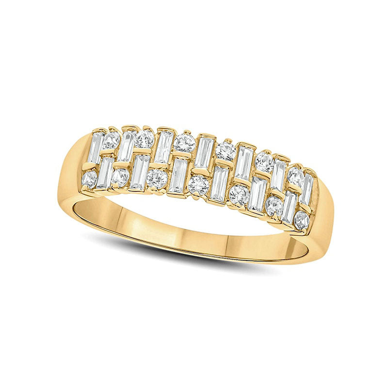 Image of ID 1 050 CT TW Baguette and Round Natural Diamond Alternating Rows Anniversary Ring in Solid 10K Yellow Gold