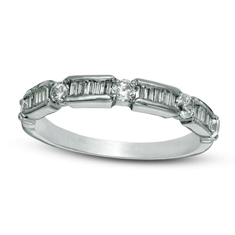 Image of ID 1 050 CT TW Baguette and Round Natural Diamond Alternating Wedding Band in Solid 10K White Gold