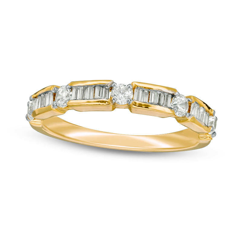 Image of ID 1 050 CT TW Baguette and Round Natural Diamond Alternating Wedding Band in Solid 10K Yellow Gold