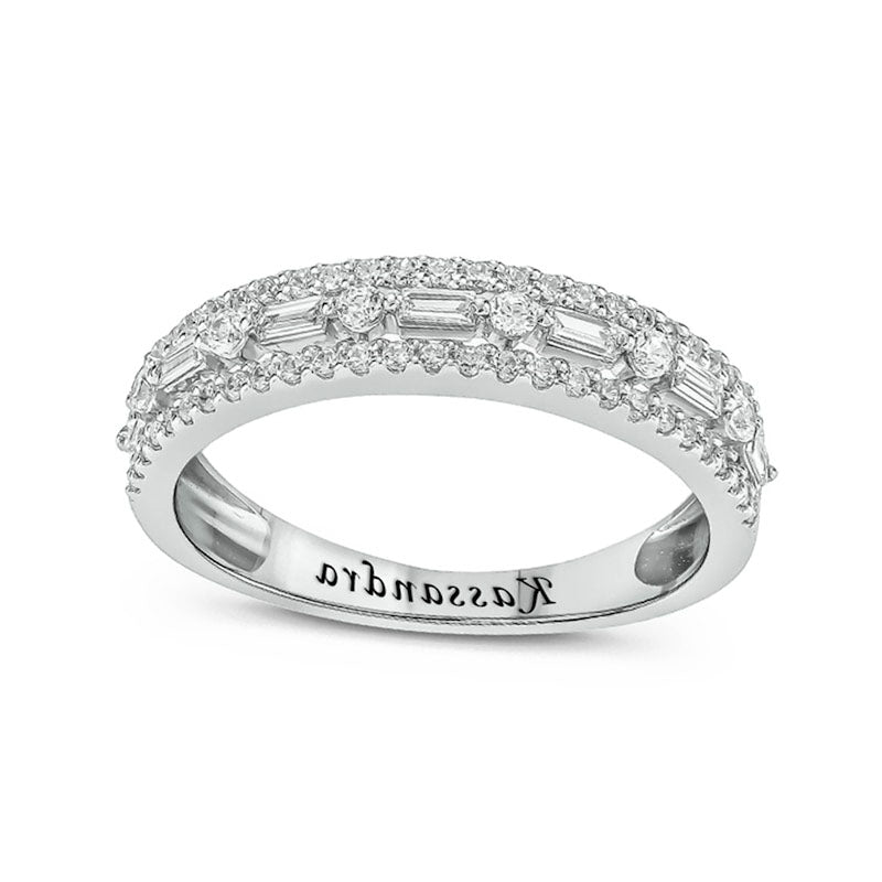 Image of ID 1 050 CT TW Baguette and Round Natural Diamond Border Alternating Engravable Anniversary Band in Solid 10K White Gold (1 Line)