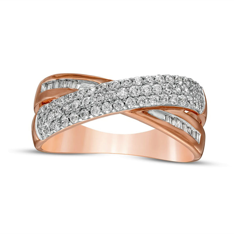 Image of ID 1 050 CT TW Baguette and Round Natural Diamond Crossover Anniversary Band in Solid 10K Rose Gold