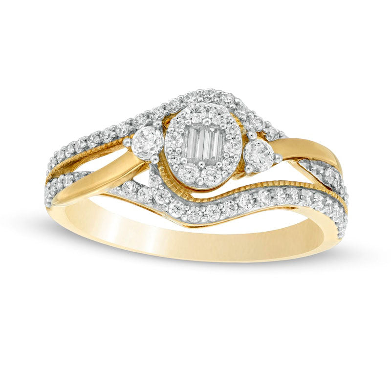 Image of ID 1 050 CT TW Baguette and Round Natural Diamond Frame Bypass Ring in Solid 10K Yellow Gold