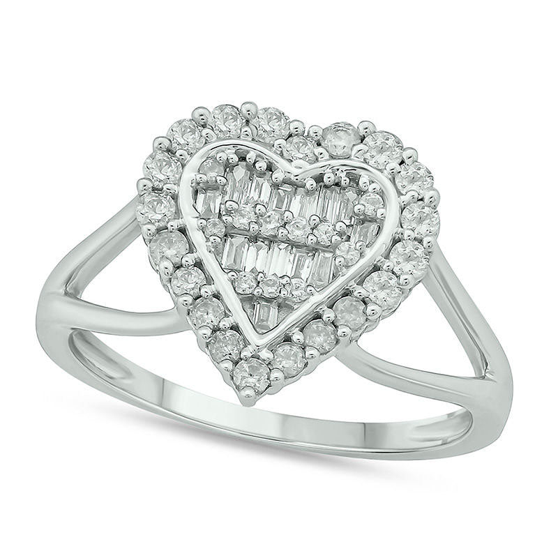 Image of ID 1 050 CT TW Baguette and Round Natural Diamond Frame V-Sides Ring in Solid 10K White Gold