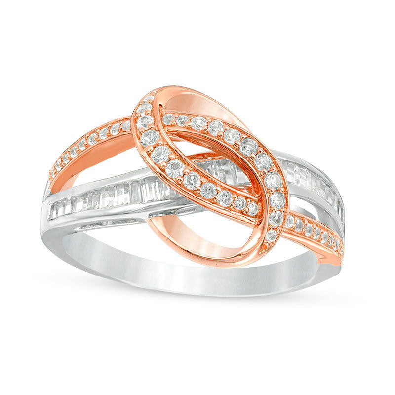 Image of ID 1 050 CT TW Baguette and Round Natural Diamond Loop Ring in Solid 10K White Gold and Rose Rhodium