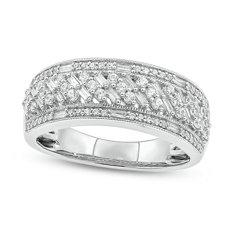 Image of ID 1 050 CT TW Baguette and Round Natural Diamond Multi-Row Antique Vintage-Style Ring in Solid 10K White Gold