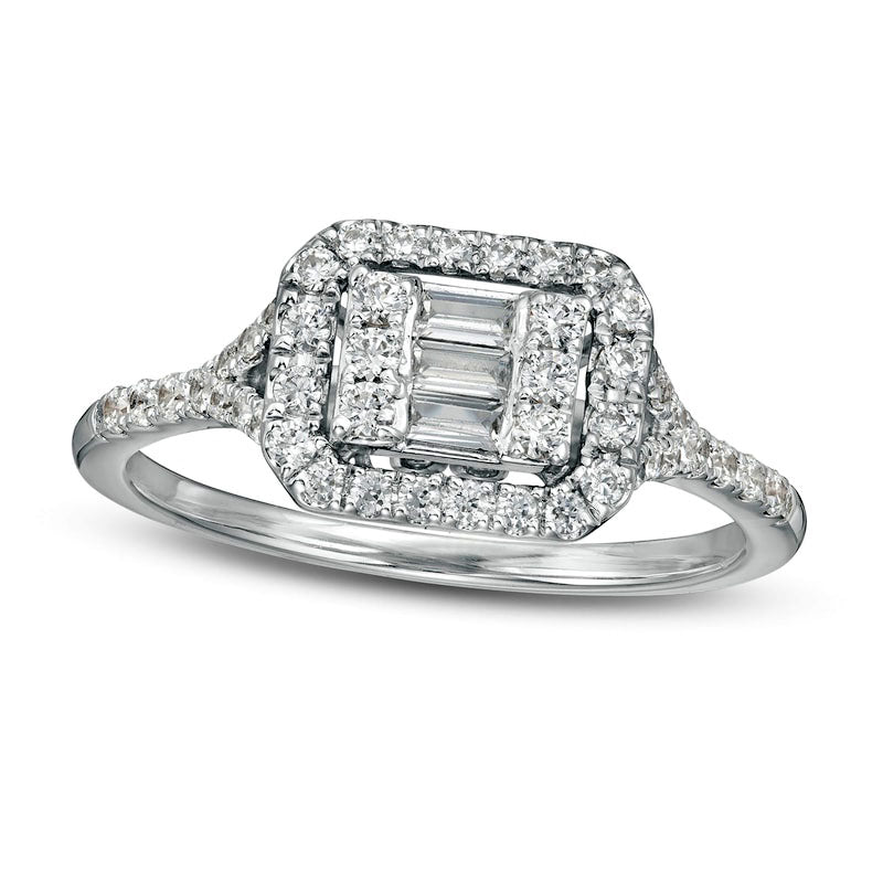 Image of ID 1 050 CT TW Baguette and Round Natural Diamond Sideways Rectangle Ring in Solid 10K White Gold