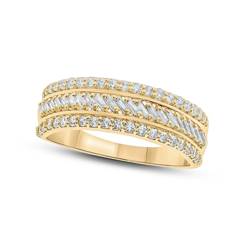 Image of ID 1 050 CT TW Baguette and Round Natural Diamond Slant Stripe Anniversary Band in Solid 10K Yellow Gold