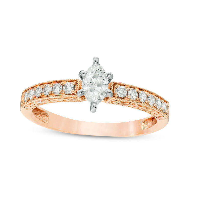 Image of ID 1 050 CT TW Certified Marquise Natural Diamond Filigree Antique Vintage-Style Engagement Ring in Solid 14K Rose Gold (I/I1)