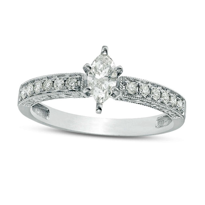 Image of ID 1 050 CT TW Certified Marquise Natural Diamond Filigree Antique Vintage-Style Engagement Ring in Solid 14K White Gold (I/I1)